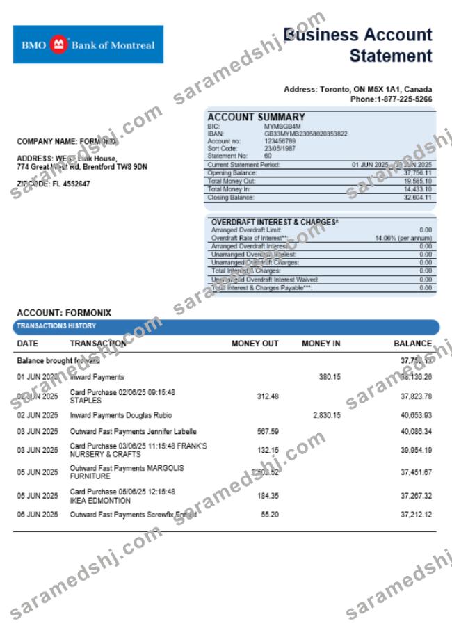 Bank of Montreal company statement Word and PDF format